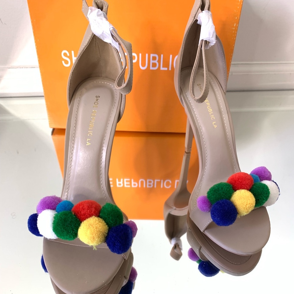 Shoe Republic LA Rainbow Pom Pom Heels